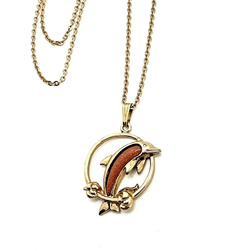 Vintage Leaping Dolphin Pendant Necklace Goldstone Gold Tone Jumping 18
